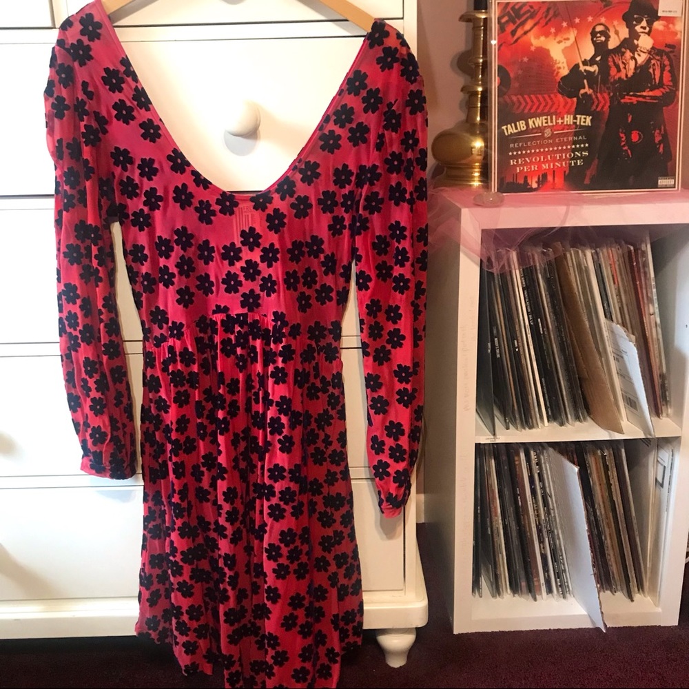 FP Rare 90‘s Velvet Babydoll Printed Long Sleeve Dress Free People Red Blue Med